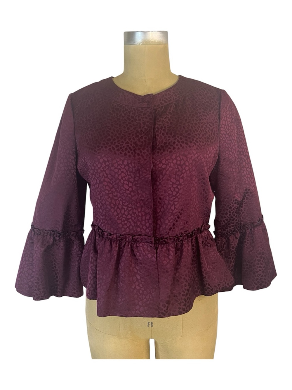 BCBG Vtg Y2K Plum Silk/Wool Satin Jacquard Leopard 3/4 Bell Sleeves Jacket